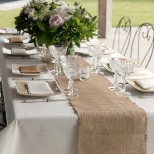 Long rustic silver sparkle tan natural neutral burlap table runner